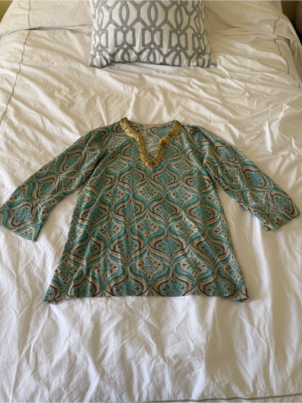 Teal Patterned V-Neck Tunic sweater with sequin embroidered Gold Trim
